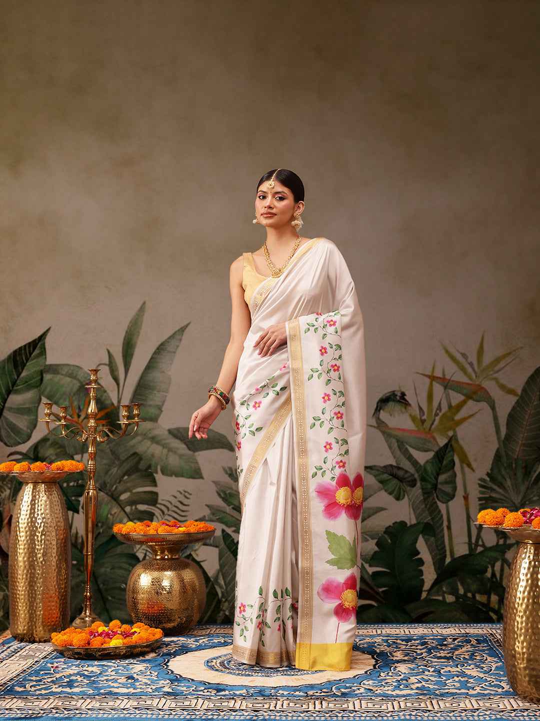 Onam Special Floral Printed Silk Kasavu Saree