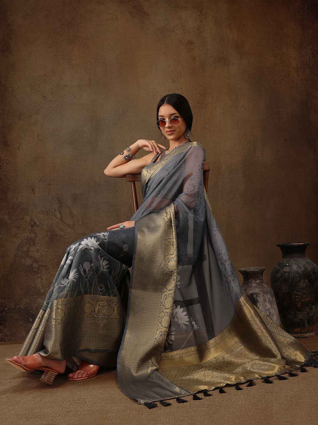 Muga Silk Floral Printed Zari Woven Saree