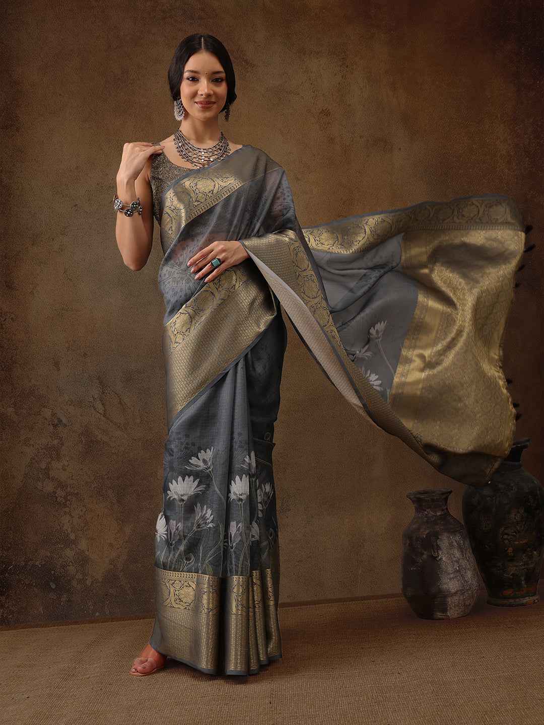 Muga Silk Floral Printed Zari Woven Saree