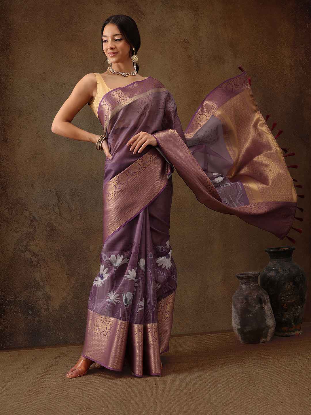 Muga Silk Floral Printed Zari Woven Saree