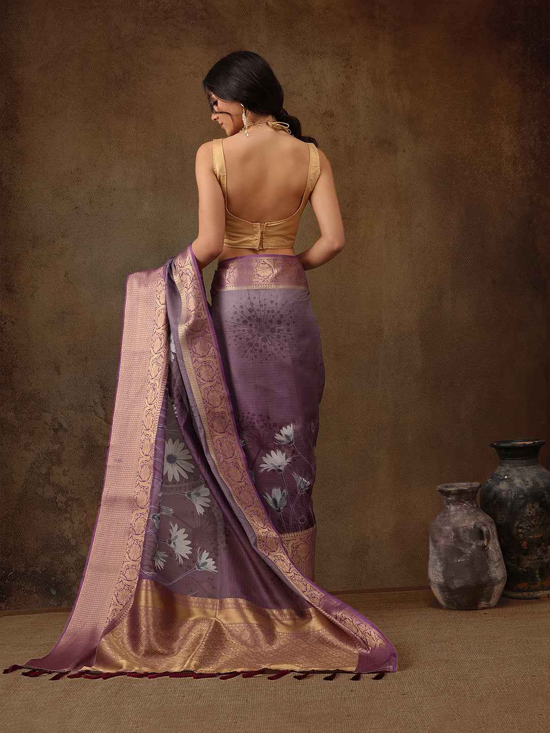 Muga Silk Floral Printed Zari Woven Saree