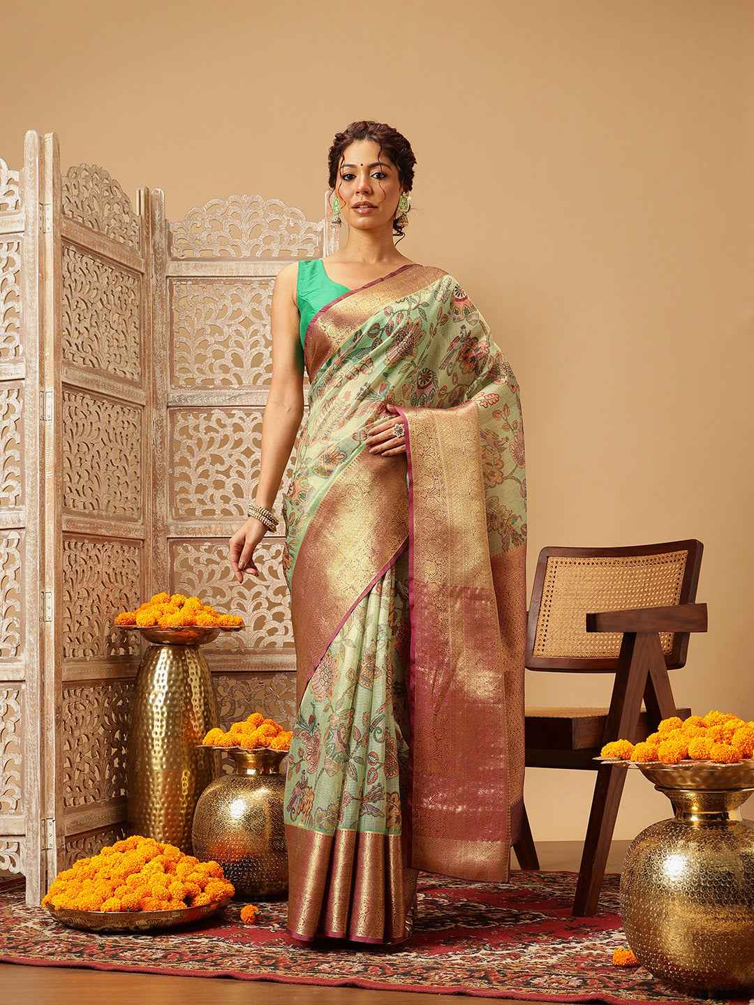 Animal & Floral Digital Printed Muga Silk Saree