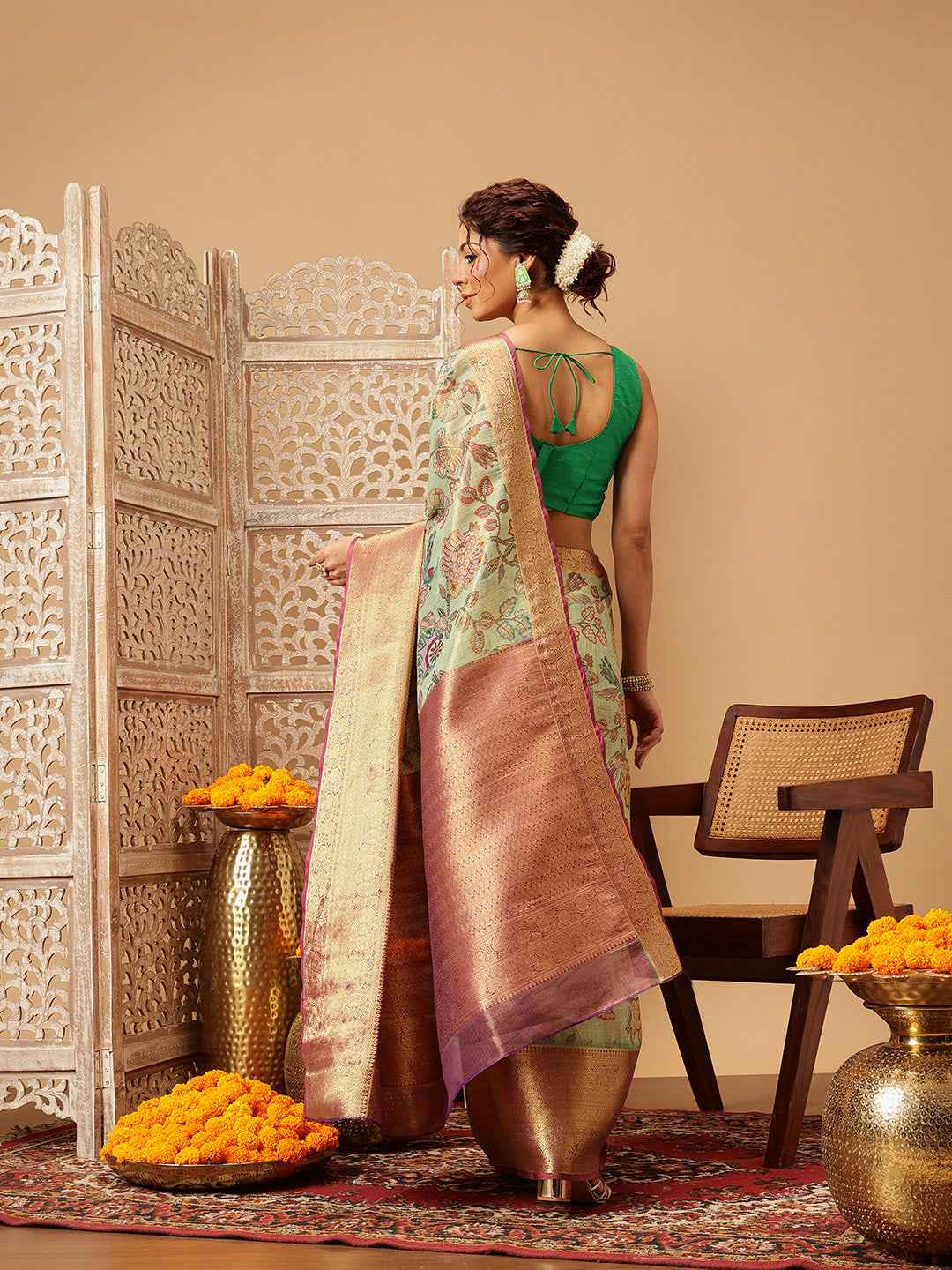 Animal & Floral Digital Printed Muga Silk Saree