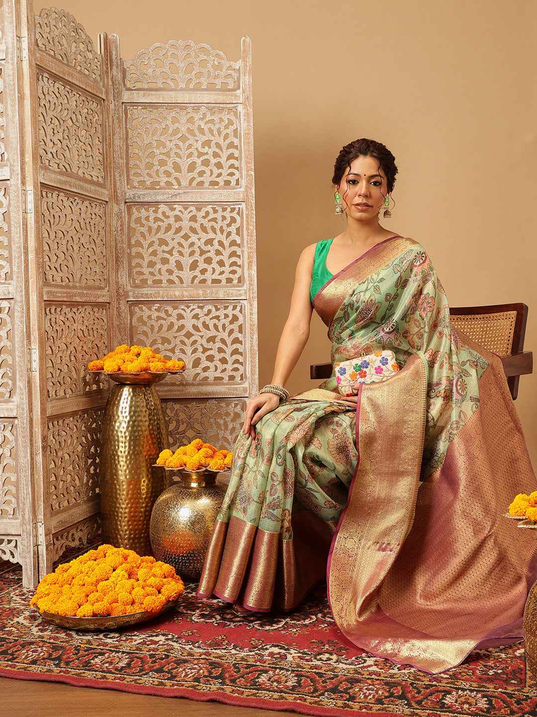 Animal & Floral Digital Printed Muga Silk Saree