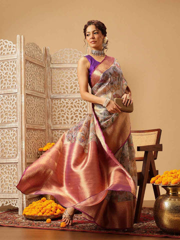 Animal & Floral Digital Printed Muga Silk Saree