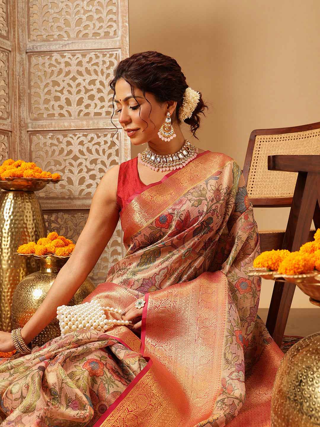 Animal & Floral Digital Printed Muga Silk Saree