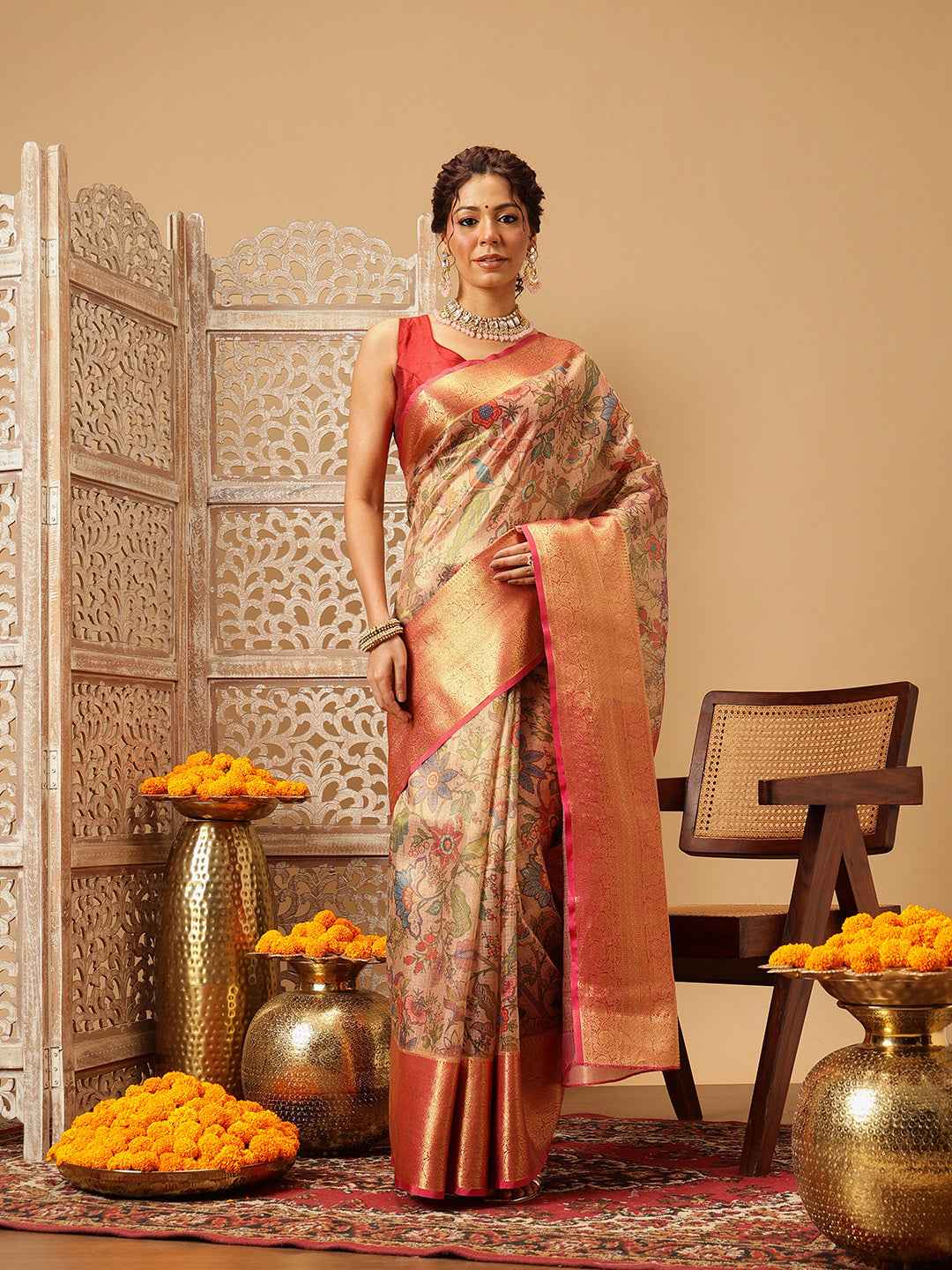Animal & Floral Digital Printed Muga Silk Saree