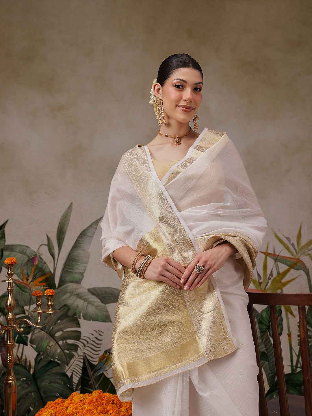 Onam Special Off White Zari Woven Saree