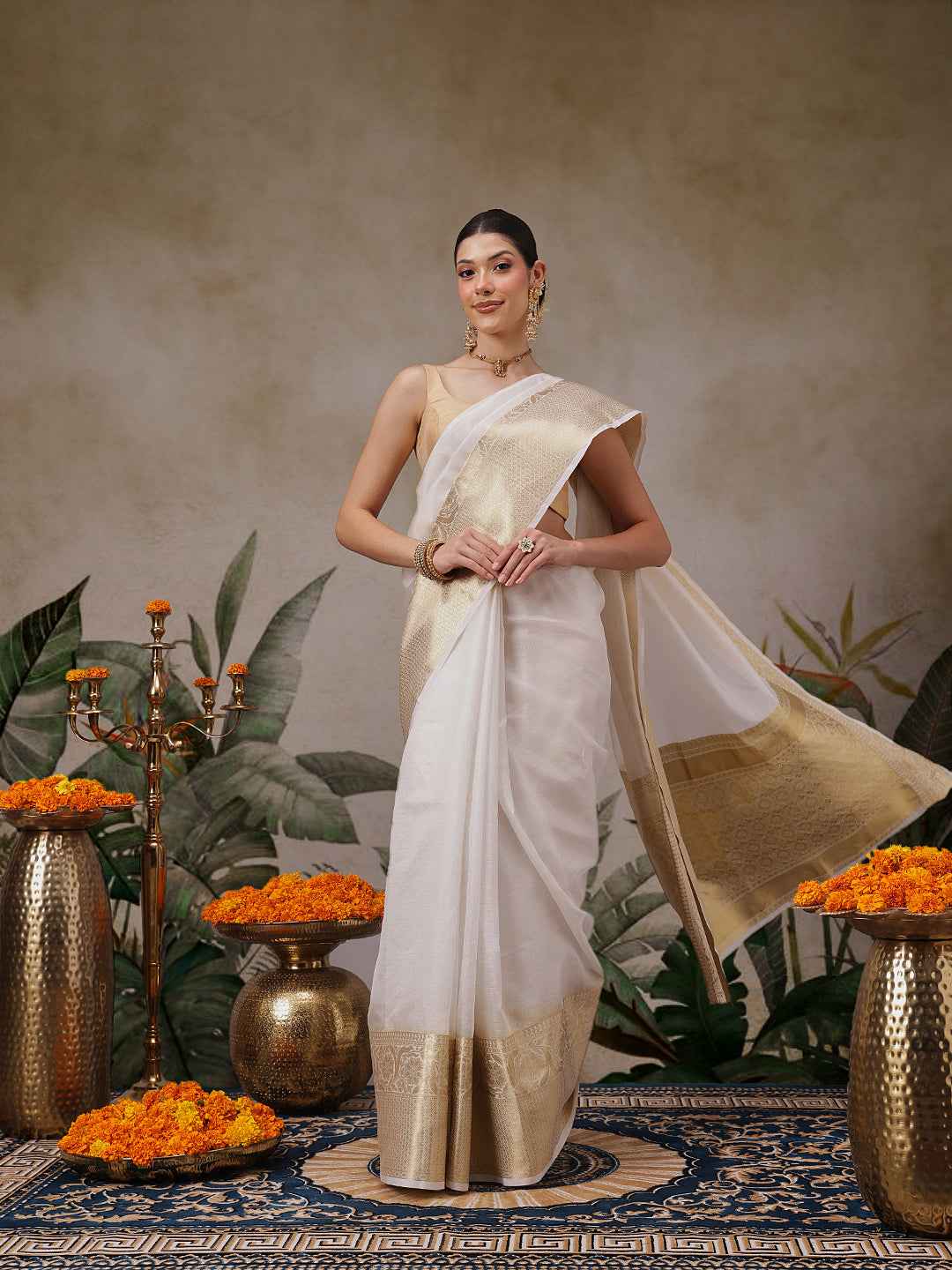 Onam Special Off White Zari Woven Saree