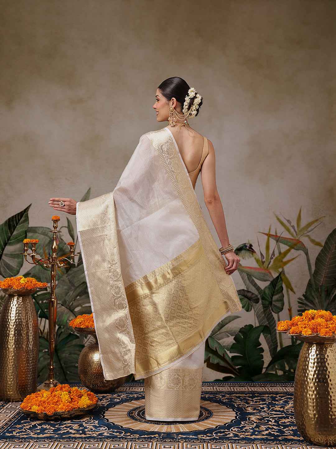 Onam Special Off White Zari Woven Saree