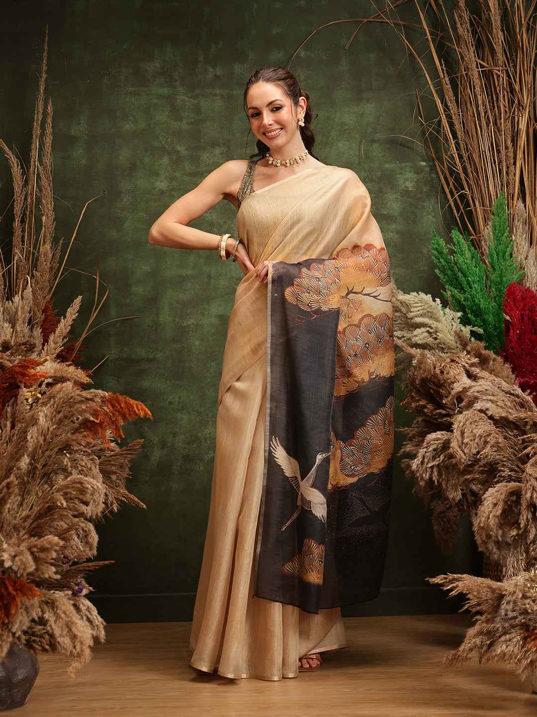 Women's Printed Muga Zari Tissue Silk Saree
