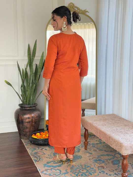 Zari Floral Embroidered V-Neck Straight Kurta With Trousers & Dupatta