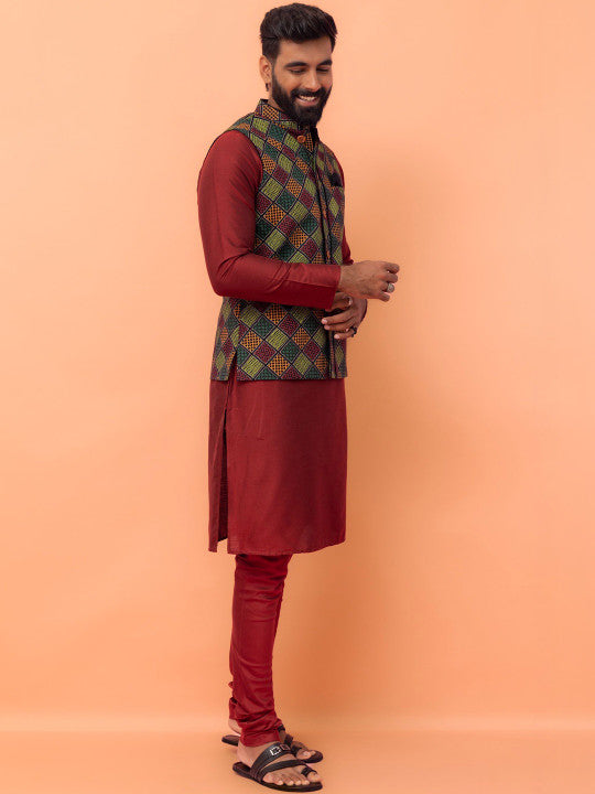 KISAH Men Printed Kurta Nehru Jacket Churidar Set