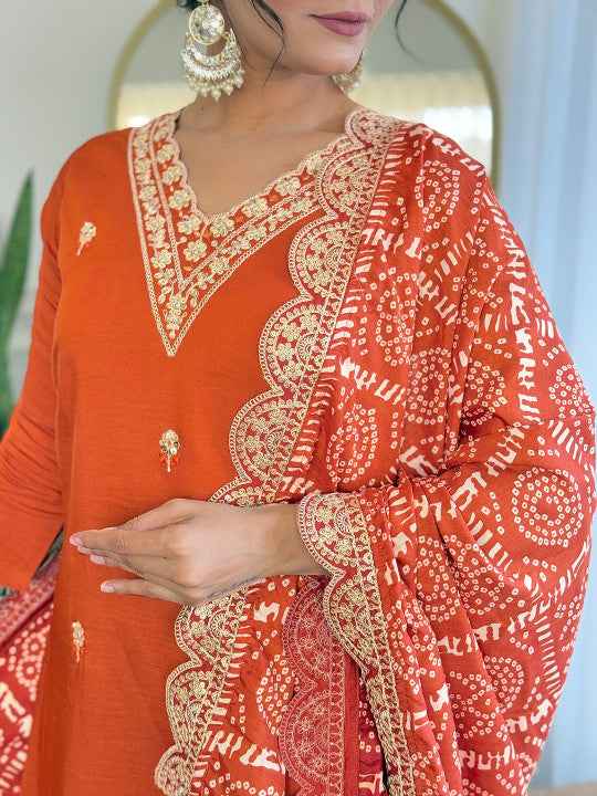 Zari Floral Embroidered V-Neck Straight Kurta With Trousers & Dupatta