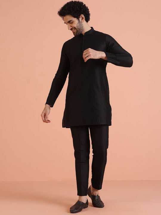 KISAH Mandarin Collar Kurta With Ethnic Motifs Embroidered Nehru Jacket & Trouser Set