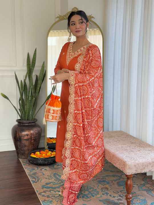 Zari Floral Embroidered V-Neck Straight Kurta With Trousers & Dupatta