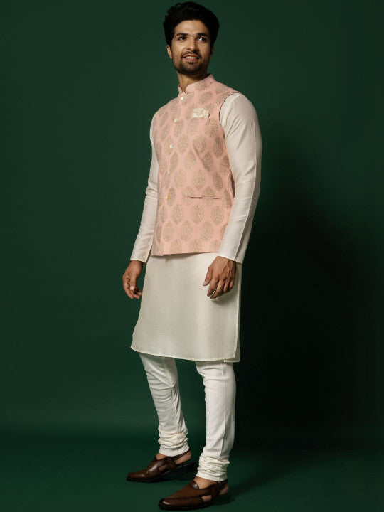 KISAH Men Printed Kurta Nehru Jacket Churidar Set