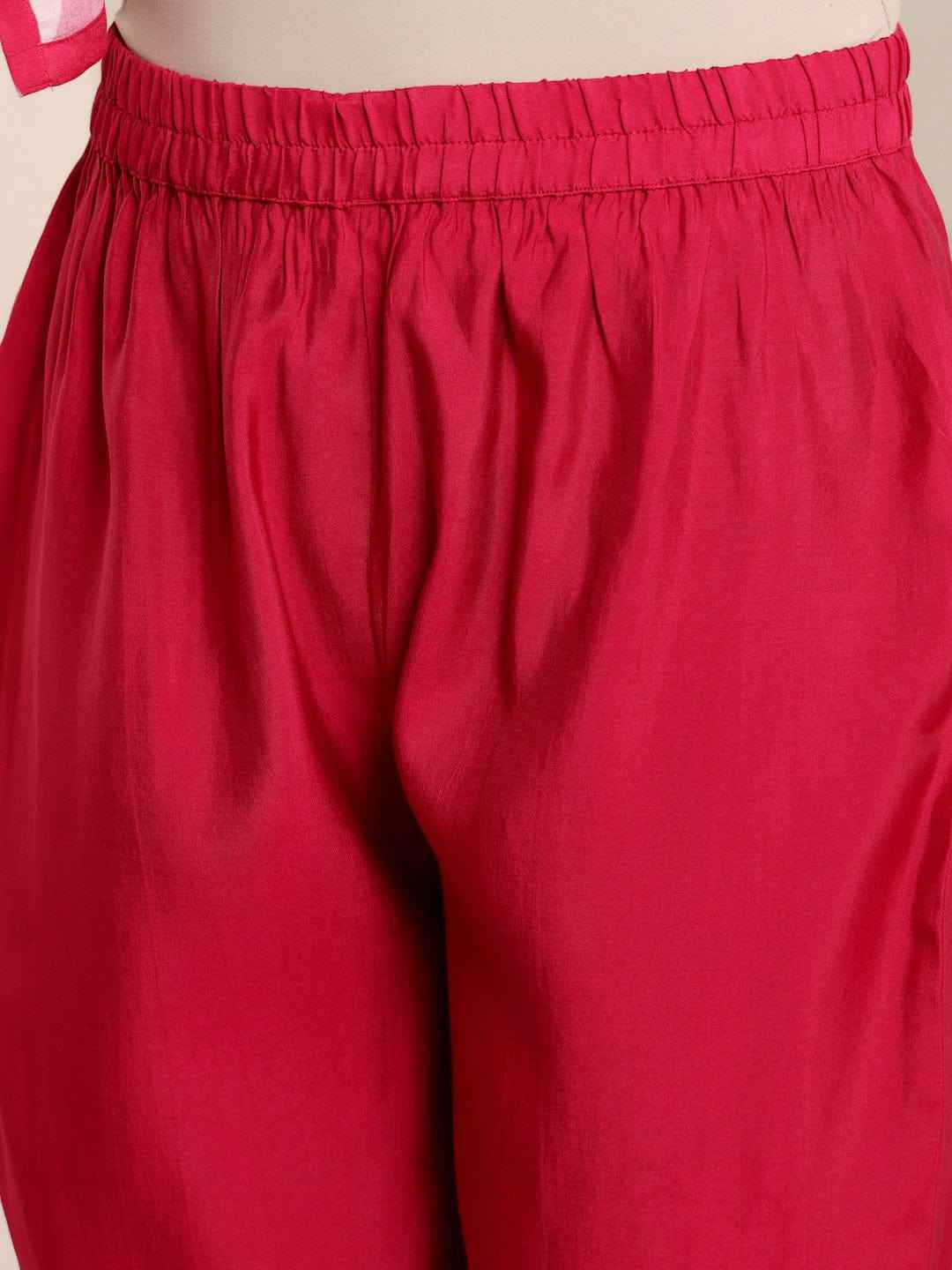 Women Fuschia Pink Abstract Printed Straight Kurta With Trousers