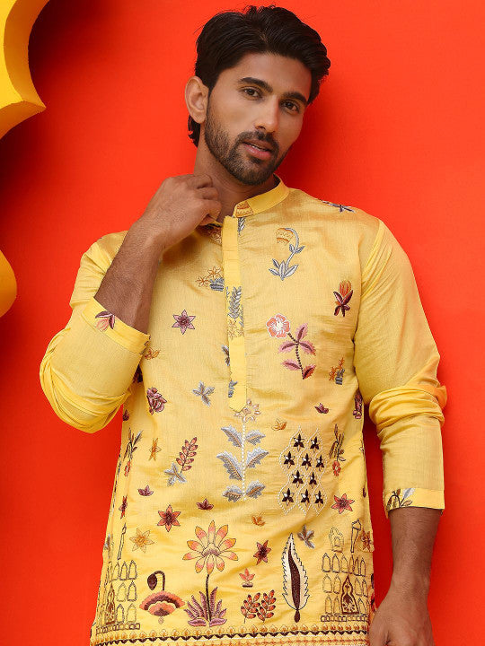 Jompers Floral Embroidered Mandarin Collar Thread Work Straight Kurta With Pyjamas