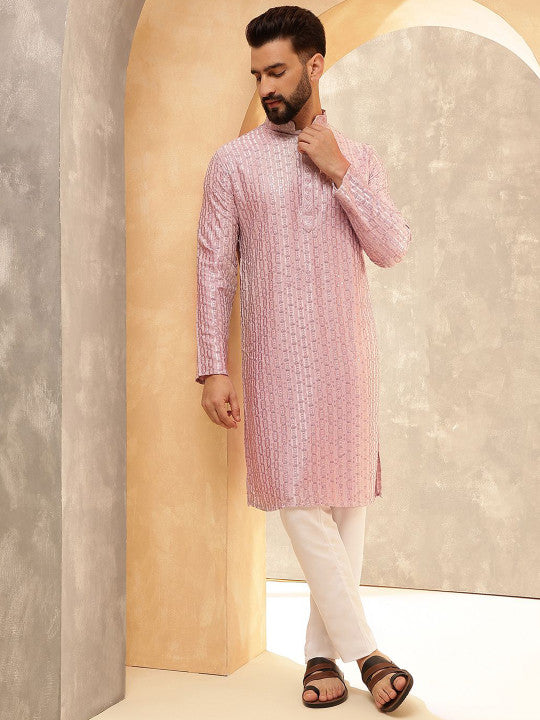 SOJANYA Ethnic Motifs Embroidered Mandarin Collar Sequinned Straight Kurta With Pyjamas