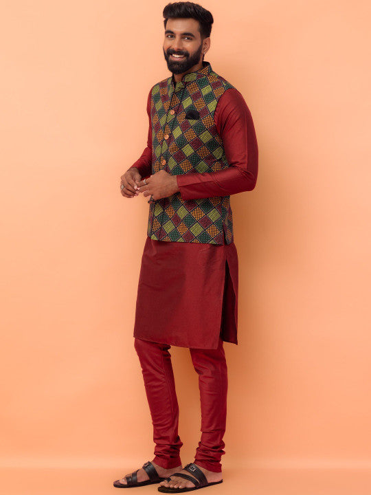KISAH Men Printed Kurta Nehru Jacket Churidar Set