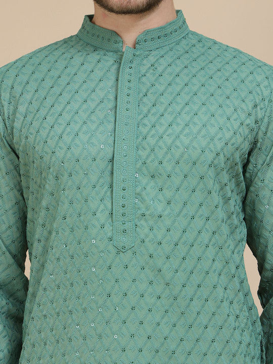 Anouk Floral Embroidered Mandarin Collar Sequinned Straight Kurta With Pyjamas