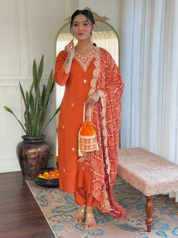 Zari Floral Embroidered V-Neck Straight Kurta With Trousers & Dupatta