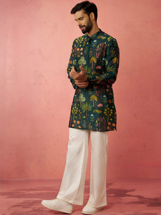 VASTRAMAY Floral Printed Band Collar Straight Kurta With Trousers