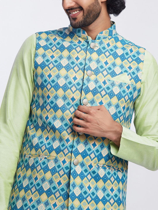 KISAH Men Printed Kurta Nehru Jacket Trouser Set