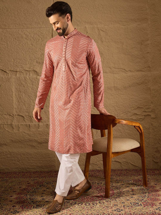 House of Pataudi Chevron Embroidered Mandarin Collar Straight Kurta With Trousers