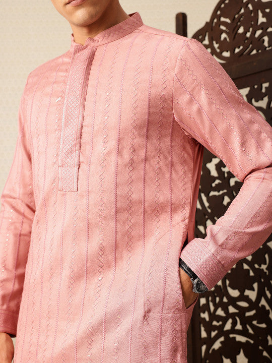 House of Pataudi Embroidered Band Collar Sequinned Jashn Kurta with Churidar