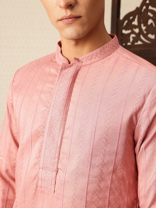 House of Pataudi Embroidered Band Collar Sequinned Jashn Kurta with Churidar