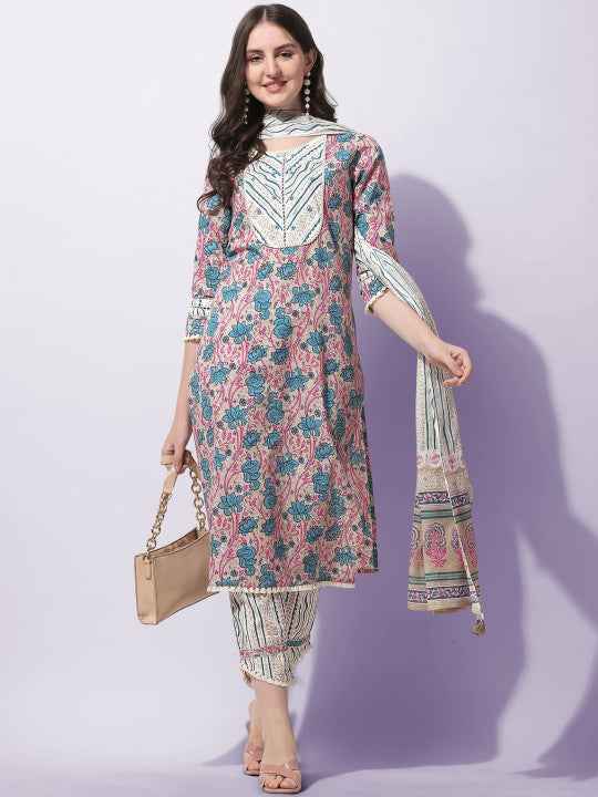 Women Plus Size Cream-Coloured Ethnic Motifs Printed Pure Cotton Kurta Set