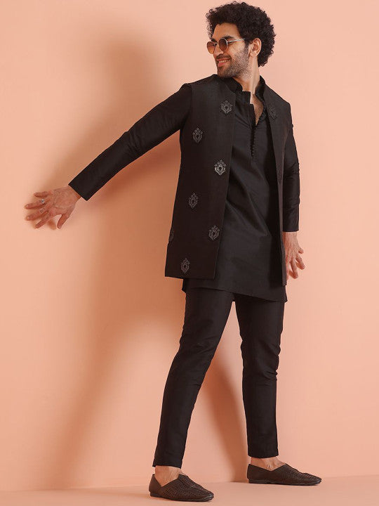 KISAH Mandarin Collar Kurta With Ethnic Motifs Embroidered Nehru Jacket & Trouser Set