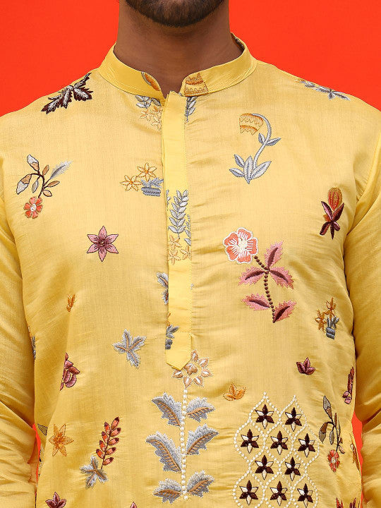 Jompers Floral Embroidered Mandarin Collar Thread Work Straight Kurta With Pyjamas