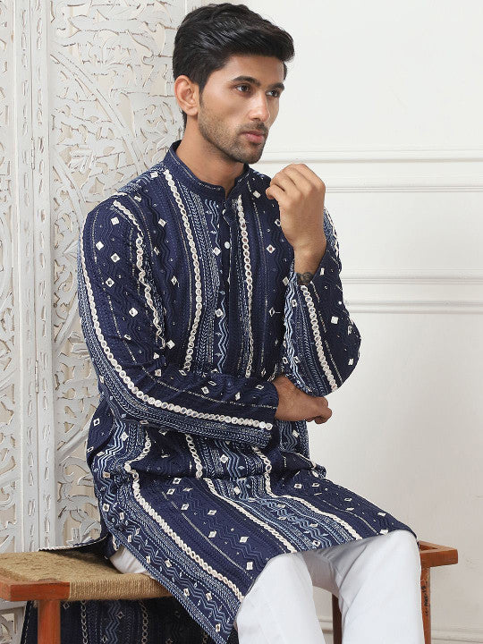 Anouk Embroidered Mandarin Collar Mirror Work Cotton Silk Straight Kurta With Pyjamas