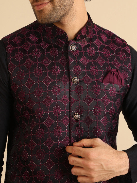 Men Textured Regular Fit Self Kurta Jacket Trouser Set