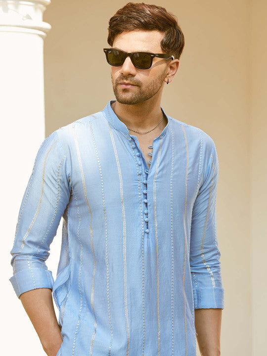 See Designs Mandarin Collar Long Sleeves Sequined Straight Kurta with Pyjama