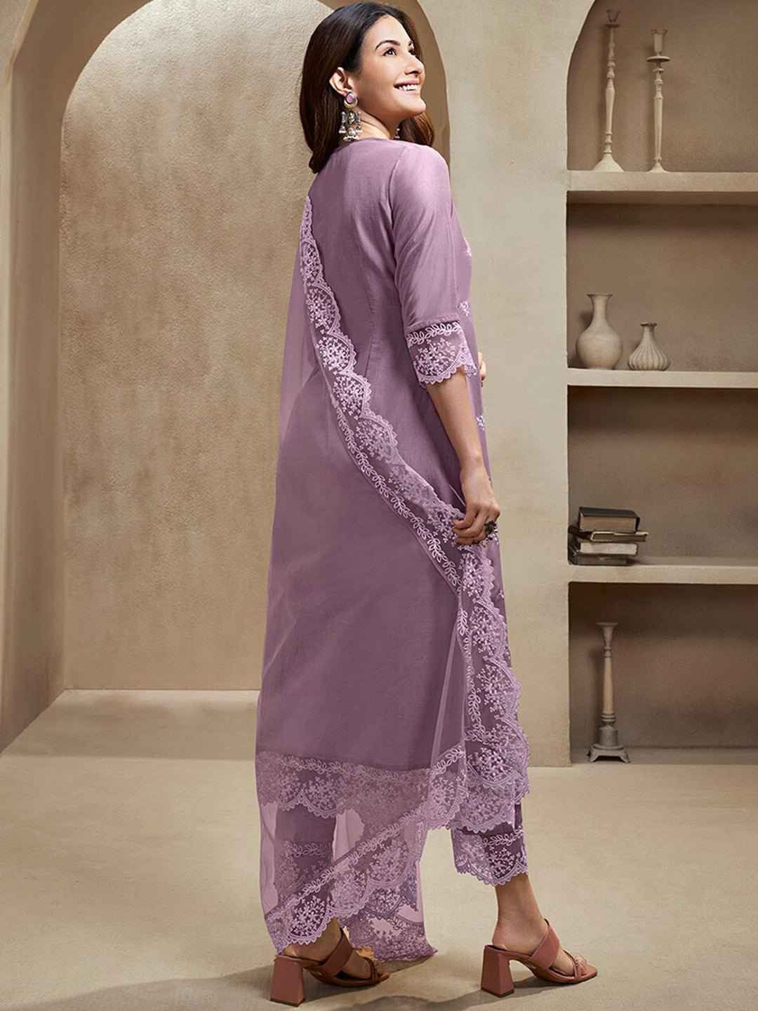 Lavender Floral Embroidered Regular Thread Work A-Line Kurta with Trousers & Dupatta