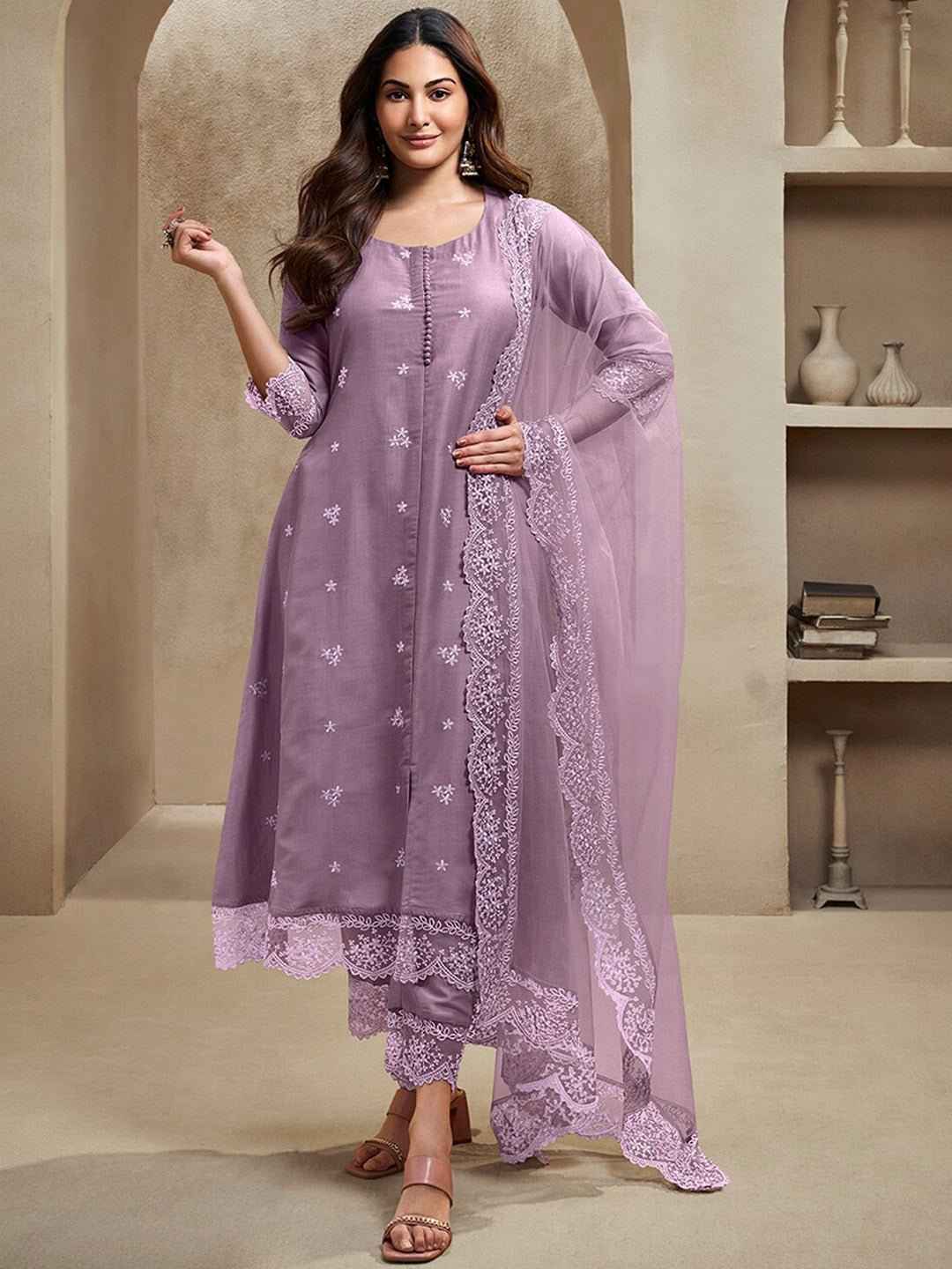 Lavender Floral Embroidered Regular Thread Work A-Line Kurta with Trousers & Dupatta