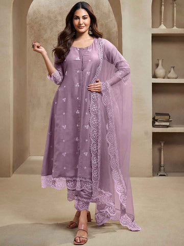 Lavender Floral Embroidered Regular Thread Work A-Line Kurta with Trousers & Dupatta