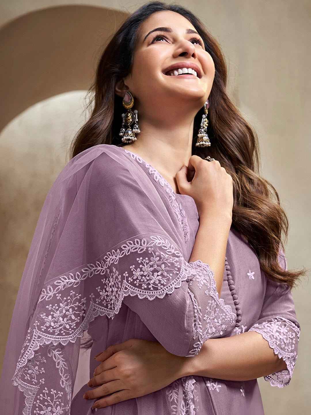 Lavender Floral Embroidered Regular Thread Work A-Line Kurta with Trousers & Dupatta