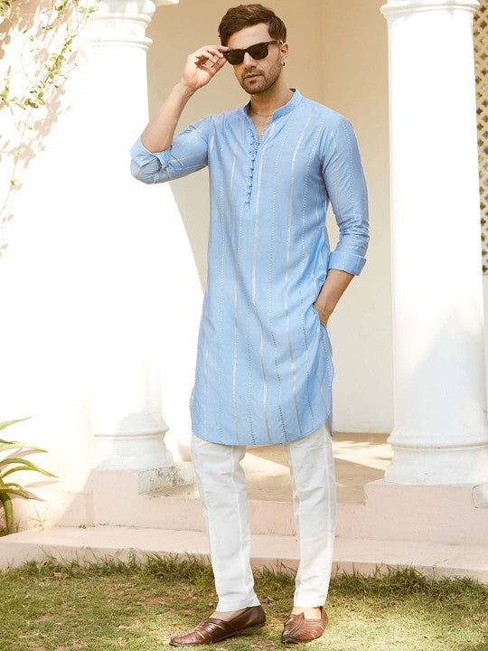 See Designs Mandarin Collar Long Sleeves Sequined Straight Kurta with Pyjama