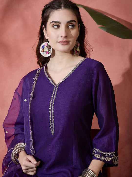 Women Floral Embroidered V-Neck A-Line Kurta With Trousers & Dupatta