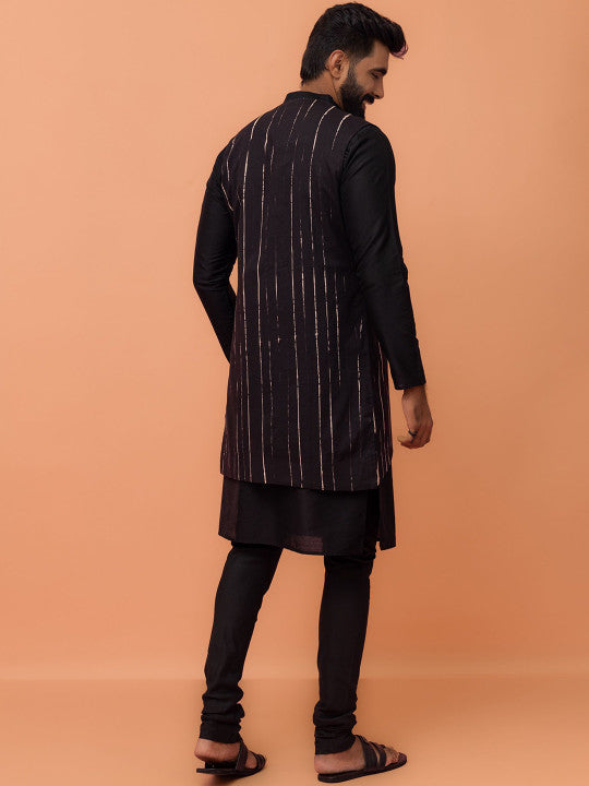 KISAH Mandarin Collar Straight Kurta with Churidar & Printed Jacket