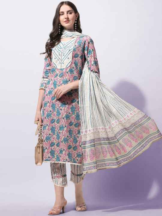 Women Plus Size Cream-Coloured Ethnic Motifs Printed Pure Cotton Kurta Set