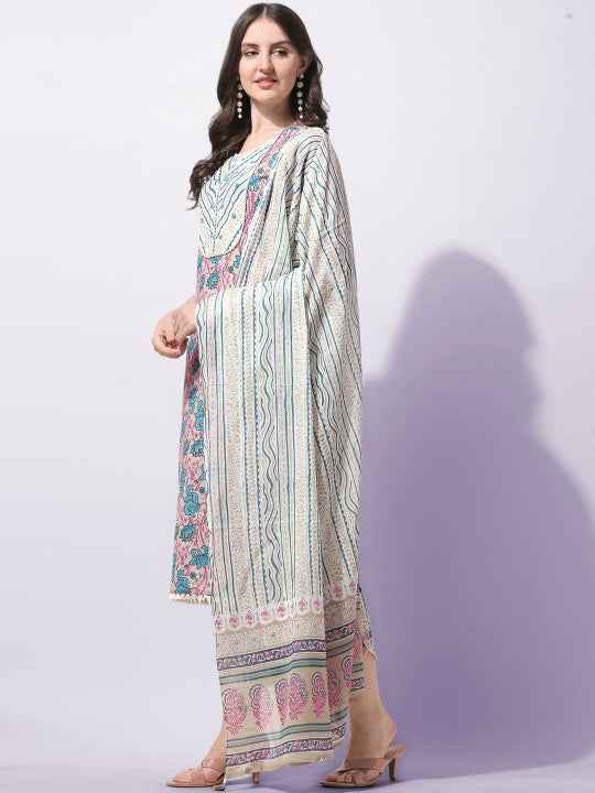 Women Plus Size Cream-Coloured Ethnic Motifs Printed Pure Cotton Kurta Set