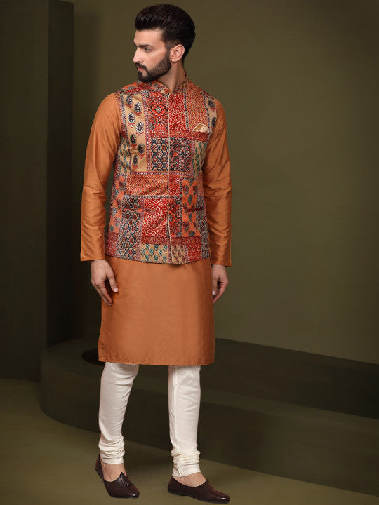 KISAH Mandarin Collar Straight Kurta & Churidar With Nehru Jacket