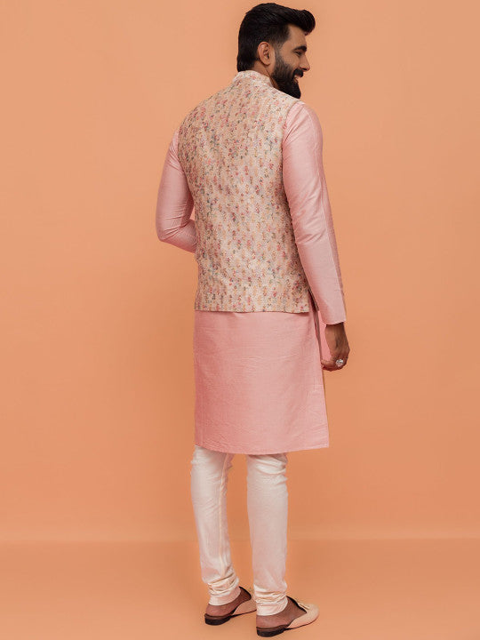 Mandarin Collar Straight Kurta With Churidar & Woven Design Nehru jacket