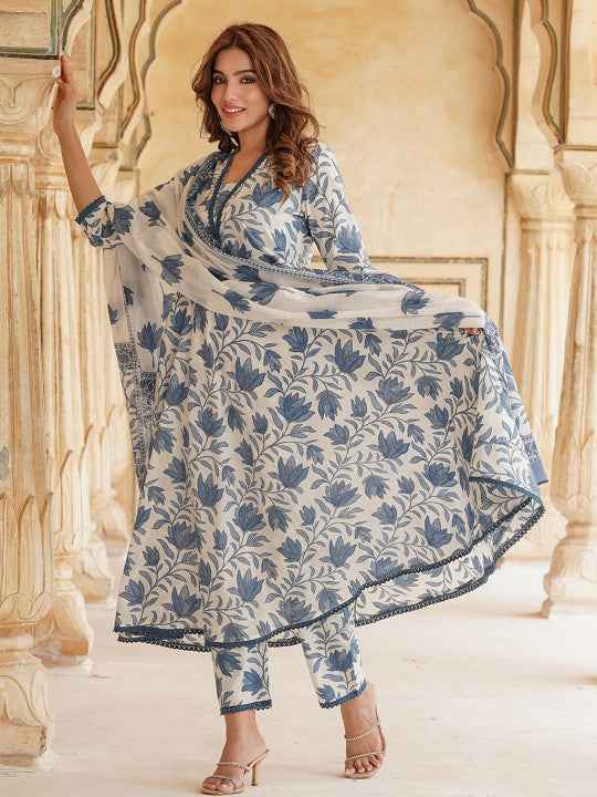 Floral Printed Anarkali Pure Cotton Kurta with Trousers & Dupatta
